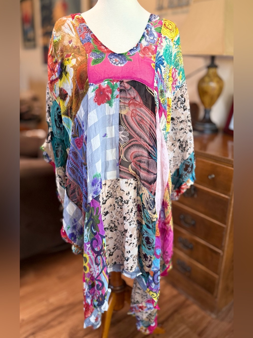 NEW Young Threads Sheer Patchwork Boho Poncho Shrug - Vibrant Pink Accents